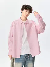 秋季用のストライプデザイン長袖シャツ【ユニセックス・ビンテージ風・ルーズフィット】（セットア  ップ対応）