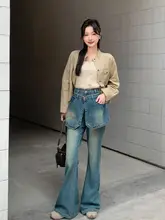 デザイン性のあるフェイクツーピース微フレアデニムパ  ンツ【ハイウエスト・ゆったりフィット・春秋用】（セットアップ対応）