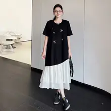 不規則パッチワークのショートスリーブTシャツワンピース【大きいサイズ・夏用・ゆったり・スリム効果】（セットアップ対応）