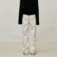 レトロストライプポケット付きストレートデニムパンツ【春夏用・ゆったりシルエット・通勤向け】（セットアップ対応）