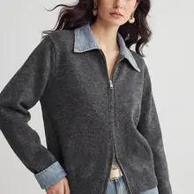 デニム切替のダブルジッパーカーディガン【春用・女性用・ニット】