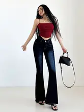 liviahome ヴィンテージウォッシュ Vウエスト スキニーデニムパンツ【女性用・フレアパンツ・秋冬用】