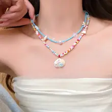 ビーズと貝殻のネックレス【ユニークデザイン・夏・海辺リゾート風・チョーカーチェーン】