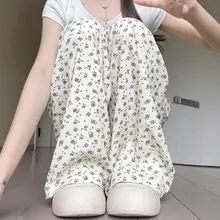 フラワープリントアイスシルクワイドパンツ【ハイウエスト・フィット・夏用】（セットアップ対応）