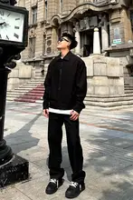 黒の作業パンツ【ゆったりとしたストレートシルエット・秋用・カジュアル】（セットアップ対応）