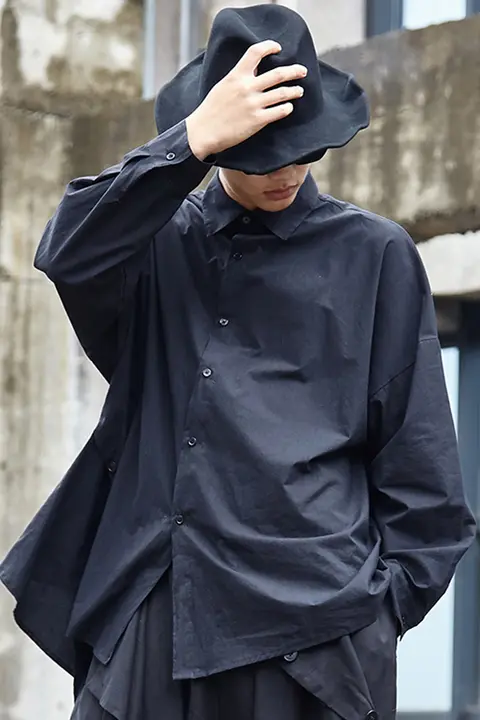 メンズシャツストリートスタイル理髪師デザインダーク日本風不規則デザイン