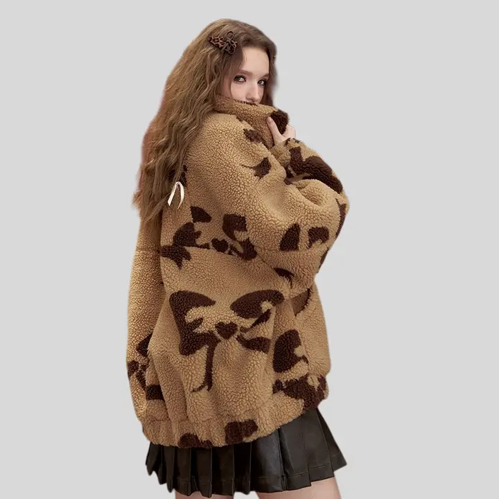 可愛いポケット付きリボンプリントのカフェ色コットンアウター【極上の柔らかさ・冬用・フェイクファー】