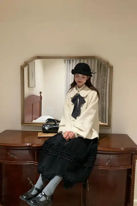 小柄向けリボン付きドールカラーウールコート【冬用・極上の柔らかさ・ホワイト】
