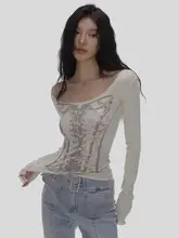 デザイナー製 アメリカンスタイル レディーススリムフィット長袖Tシャツ【レトロな個性的なプリント・ショートトップ】