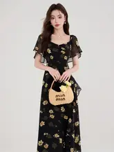 ワンピース レディース スクエアネック 花柄 フレンチ風 ウエストマーク Aライン ブラック きれいめ 上品 夏