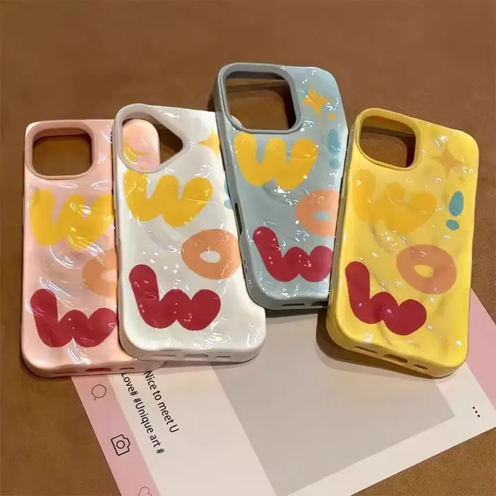 カラフルなイエロー背景のカートン風デザインiPhoneケース【WOW英文・iPhone対応・衝撃吸収】