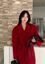 Scout 100%ウールレッドウエストシェイプ中長丈スコットランドスタイルコート【女性用・羊腿袖】