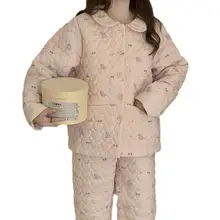 三層キルティングかわいいドールカラー厚手パジャマ【冬用・女性用・部屋着・外出可能】