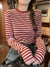 ヴィンテージスタイルのストライプTシャツ【女性用・ハイウエスト・ショート丈・長袖・スリムフィット】