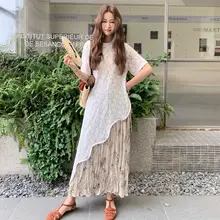 不規則なレースカーディガンとフラワープリントスカートの重ね着【夏用・美しいデザイン・流行】（セットアップ対応）
