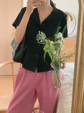 黒色コットンリネン薄手短袖シャツ【レトロ・キューバ襟・日焼け防止】