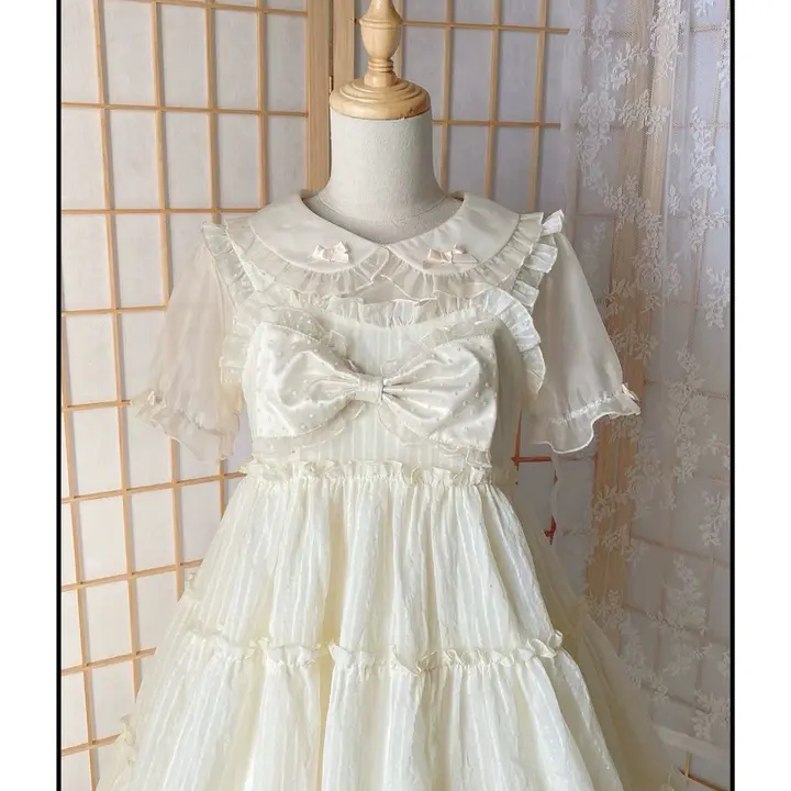 可愛い少女向けの短袖ルーズフィットボウカラーシャツ【夏用・メッシュ素材】