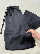 サテン風アセテート黒のパンツ【ウエストゴム・ドローコード・ワイドレッグ】