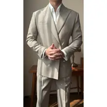 春季イタリアンスタイルダブルボタン休閒ジャケット【ヘリンボーン柄・二ピース】（セットアップ対応）