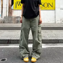 アメリカンスタイルのレトロウォッシュ多ポケットカーゴパンツ【男女兼用・ワイドレッグ・ストリートファッション】（セットアップ対応）