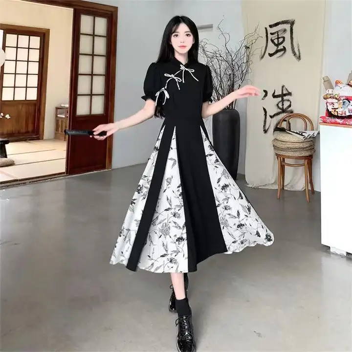 大きいサイズ 新中式デザインの改良版チャイナドレス【夏用・体型カバー・気質あり】（セットアップ対応）
