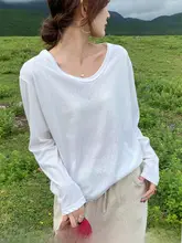 薄手無地長袖Tシャツ【レディース・ホワイト・ルーズフィット・バンブーコットン】