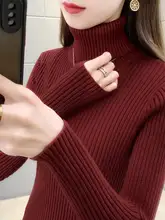 グレー高ネックリブ編み長袖トップス【厚手・長袖】