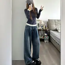 高身長向け アメリカンヴィンテージ風ワイドレッグデニムパンツ【ハイウエスト・ゆったりフィット・ドレープ感】