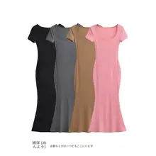 コットン素材のシンプルロングフィッシュテールドレス【短袖・リッチスタイル・小柄対応】