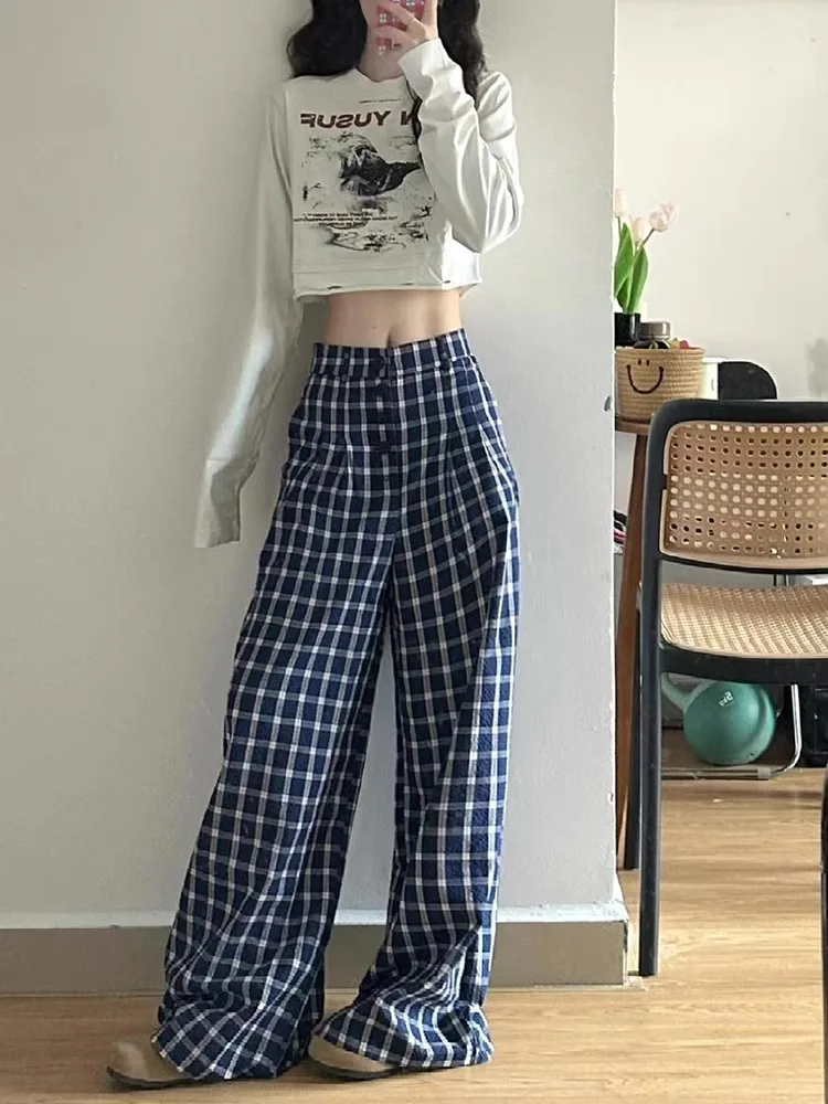 青いチェック柄のレディースワイドパンツ【ヴィンテージデザイン・春秋夏用・小柄対応】（セットアップ対応）