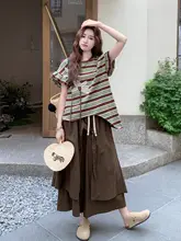 おしゃれな夏用トップス＆スカートパンツ【色合いストライプ・立体花柄・短袖・デザイン性】（セットアップ対応）