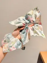 オイルペイント風 フラワープリントスクエアハンカチ 大きなヘアゴム【低いポニーテール・お団子ヘア用】