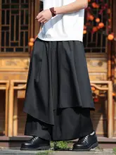 山本風の黒い武士パンツ【不規則な切り替え・デザイン性あり・フィット・ワイドレッグ・スカートパンツ】（セットアップ対応）