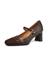 フレンチスタイルのレトロなスクエアトゥアンクルストラップヒールシューズ【真皮・マリージェーンデザイン】（セットアップ対応）