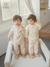 かわいいクマ柄の男女兼用ベビー用コットン長袖インナー【夏用・涼感・ルームウェア】（セットアップ対応  ）