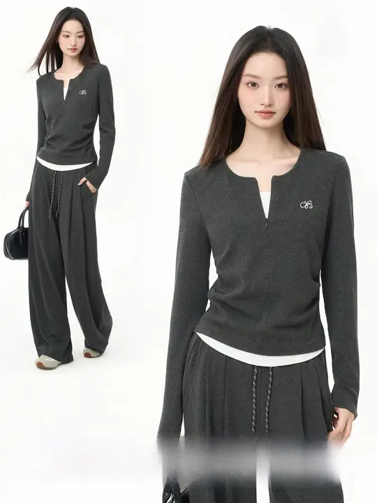 グレーの長袖Tシャツ【肩出しデザイン・秋用・カジュアル・スポーツウェア】（セットアップ対応）