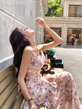 セクシーな胸パッド付きフィッシュボーンキャミソールワンピース【夏用・タイト・ビーチリゾート・フラワープリント】