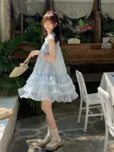 波浪刺繍の短袖ワンピース【女性用・夏向け・青色】