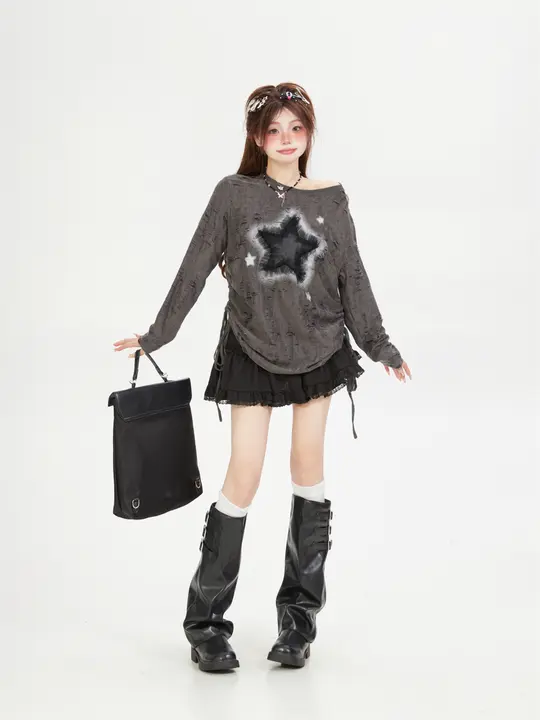 機能的デザイン レディース 星柄 ドローストリング付き長袖インナー