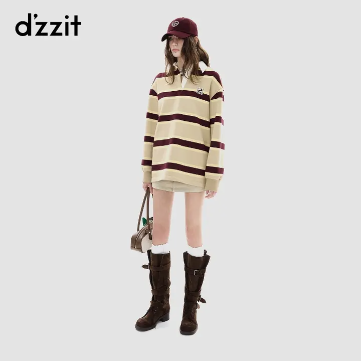 冬用レトロポロカラーのストライプデザイン女性用ルーズフィットスウェットシャツ