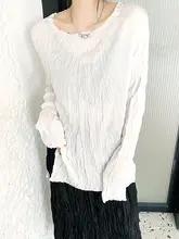 トレンドのデザイン！圧縮プリーツ加工ラウンドネックTシャツ【ゆったりした長袖・ファッション】