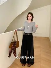 高腰デニムパンツ【コットン製・ワイドレッグ・カラーブロックデザイン・秋用】