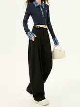 黒のワイドレッグスーツパンツ【秋冬用・フィット・カジュアルデザイン】（セットアップ対応）