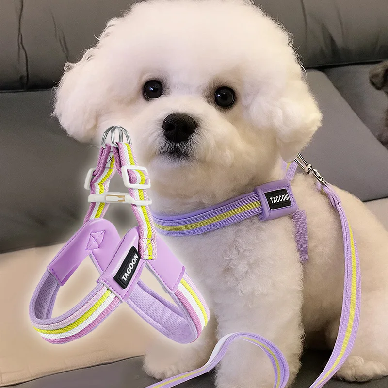 夏用通気性バイカラー犬用ハーネス：小型犬向け首に優しいリード付きモデルの実用性解析