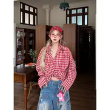 アメリカンレトロ 赤いチェック柄長袖シャツ【ゆったりとしたデザイン・UVカット対応】