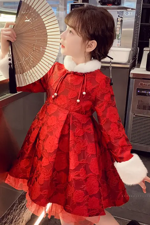 子供用冬季ワンピース【国風・赤・新年用・プリンセススタイル】