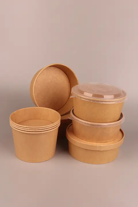 使い捨て段ボール容器【フタ付き・丸型・サラダ・フルーツ・炒め麺用】