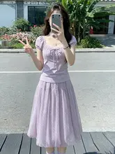 夏用小柄向け 紫色フレンチカラーのトップスとロングスカート【独特で美しいデザイン・カジュアル】（セットアップ対応）