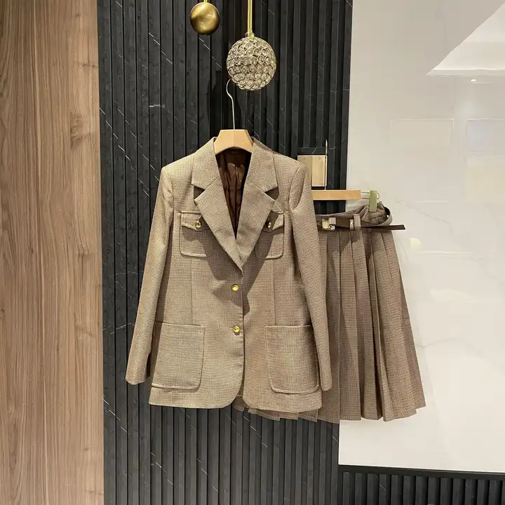 Miu系チェック柄ウールブレンドスーツセット【金ボタン・エレガント・ブリティッシュスタイル】