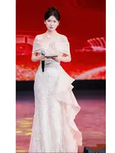 一字肩の輝くイブニングドレス【女性用・高級感あるデザイン・成人式・バースデーパーティー用】